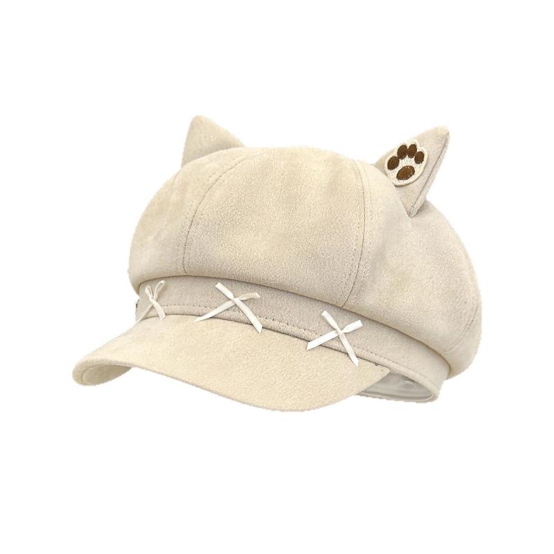 

Sweet Bow Design Cute Cat Ear Berets Cap Spring And Autumn Travel Versatile Painter Hats For Woman