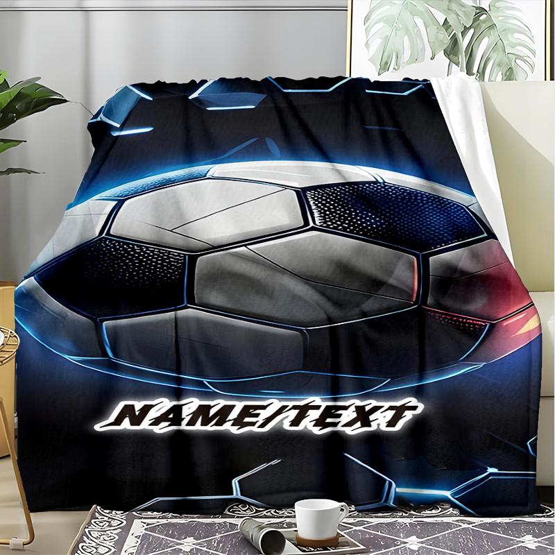 1PC Custom Name Futuristic Soccer Ball Outdooor Flannel Blankets Throw Blanket All-Season Throw Gift Bedspread for Couch, Bed, Camping Holiday Birthda