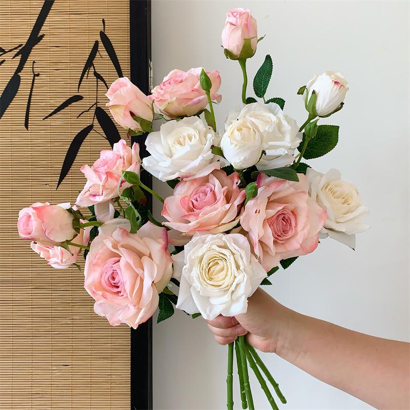 Fiore di Rosa Simulato a 3 Teste, Fiore Secco, Fiore Artificiale, Bouquet, Decorazione per Soggiorno, Oggetti di Scena per Foto