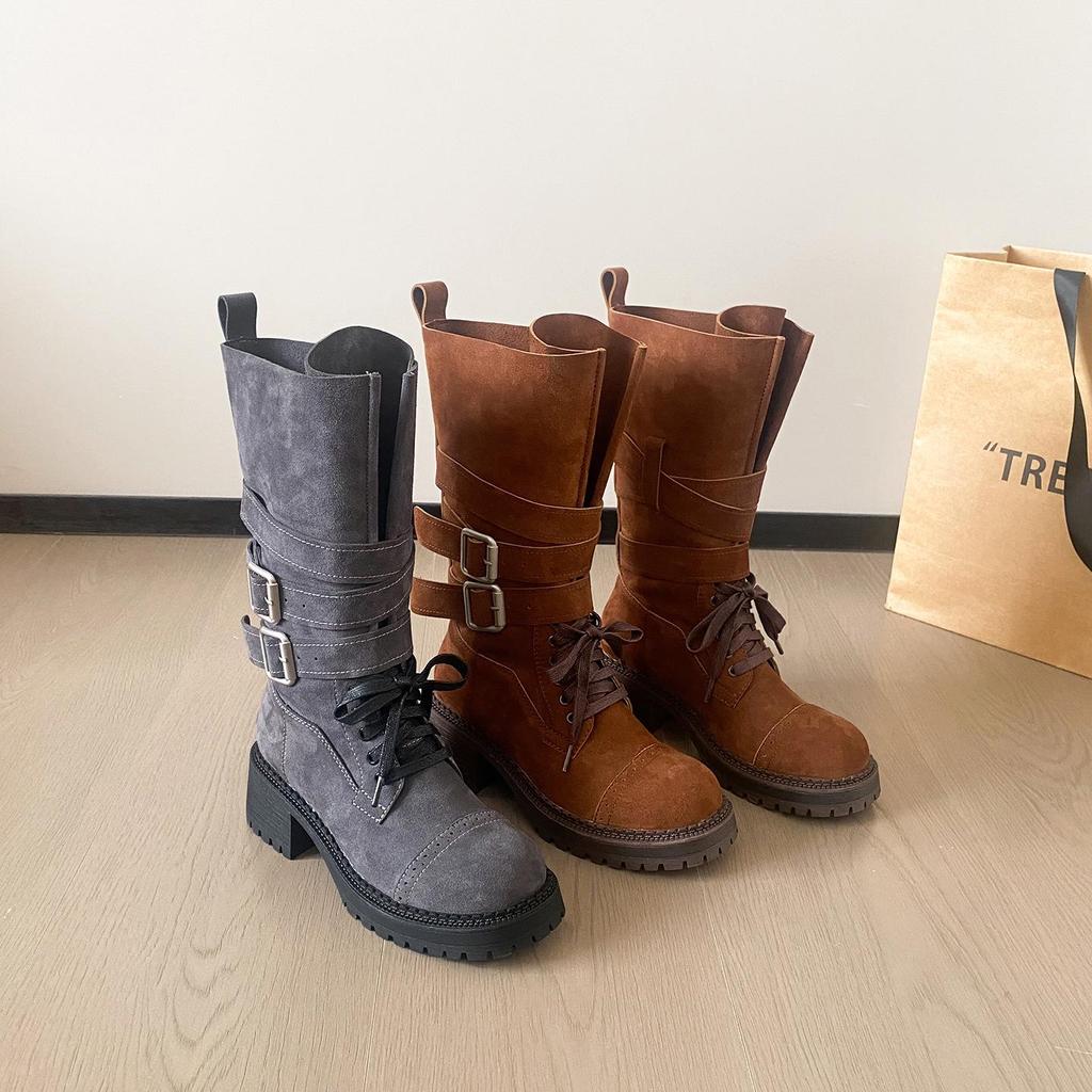 Autumn 2025 Genuine Leather Retro Mid-Calf Buckle Boots - Western Chunky Heel Motorcycle Style