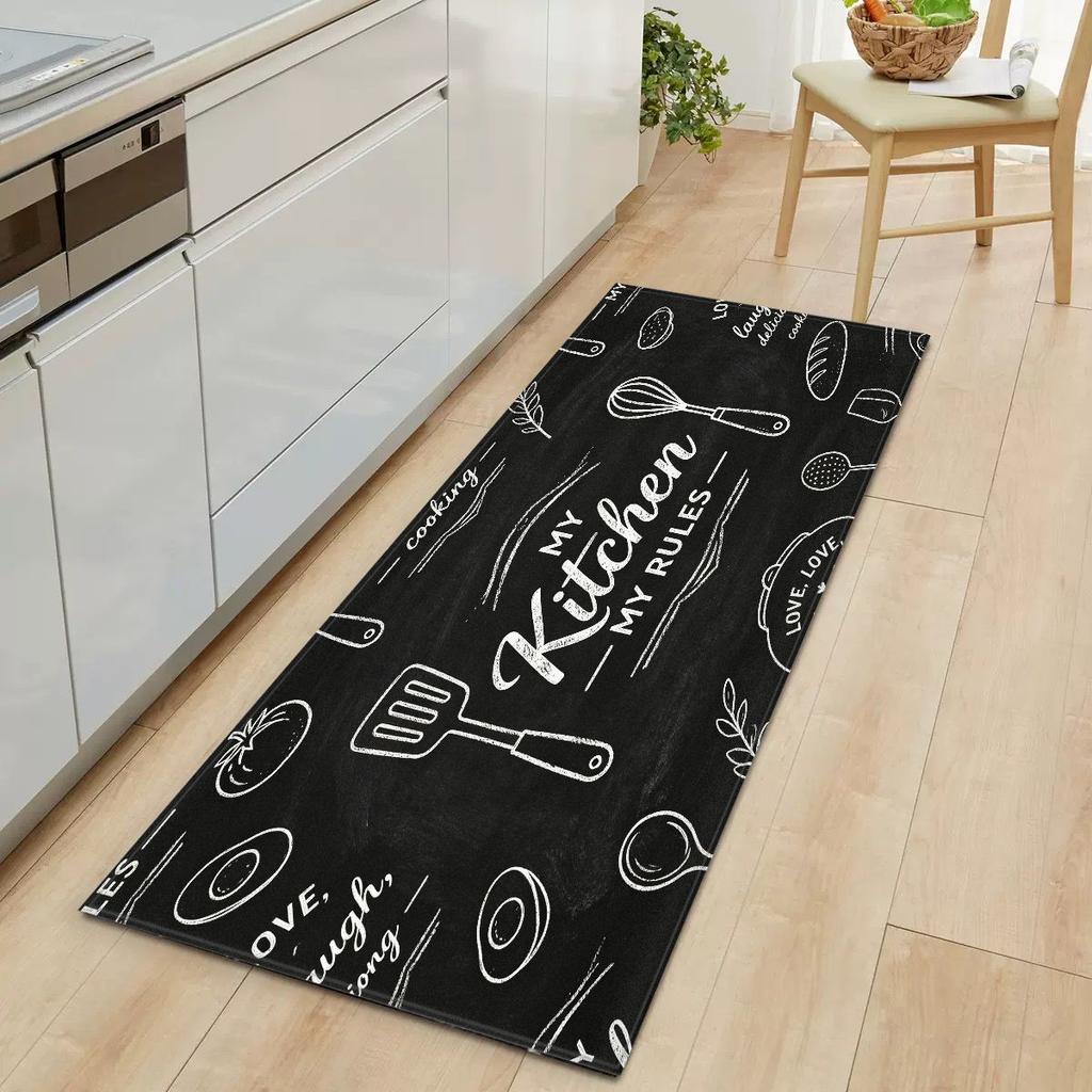 Black Chalkboard Kitchen Utensil Print Runner Mat Non Slip Oil Water Resistant Long Floor Mat for Kitchen Sink Home Decor