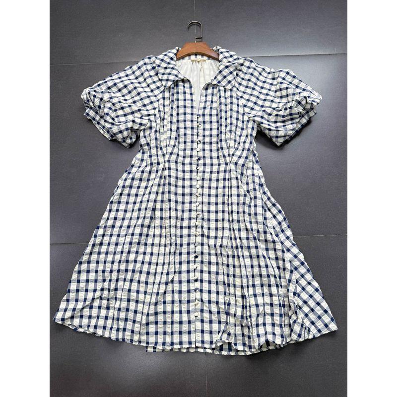 

Foreign Trade Order Entr0 Retro Preppy V-neck Puff sleeve A Word Plaid Dress Blue Plaid Dress L