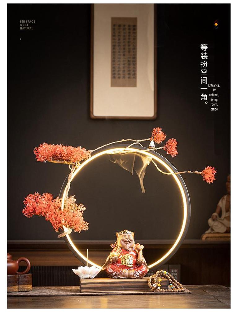 Chinese Zen LED Light Ring Ceramic Ornament for Living Room or Office Display