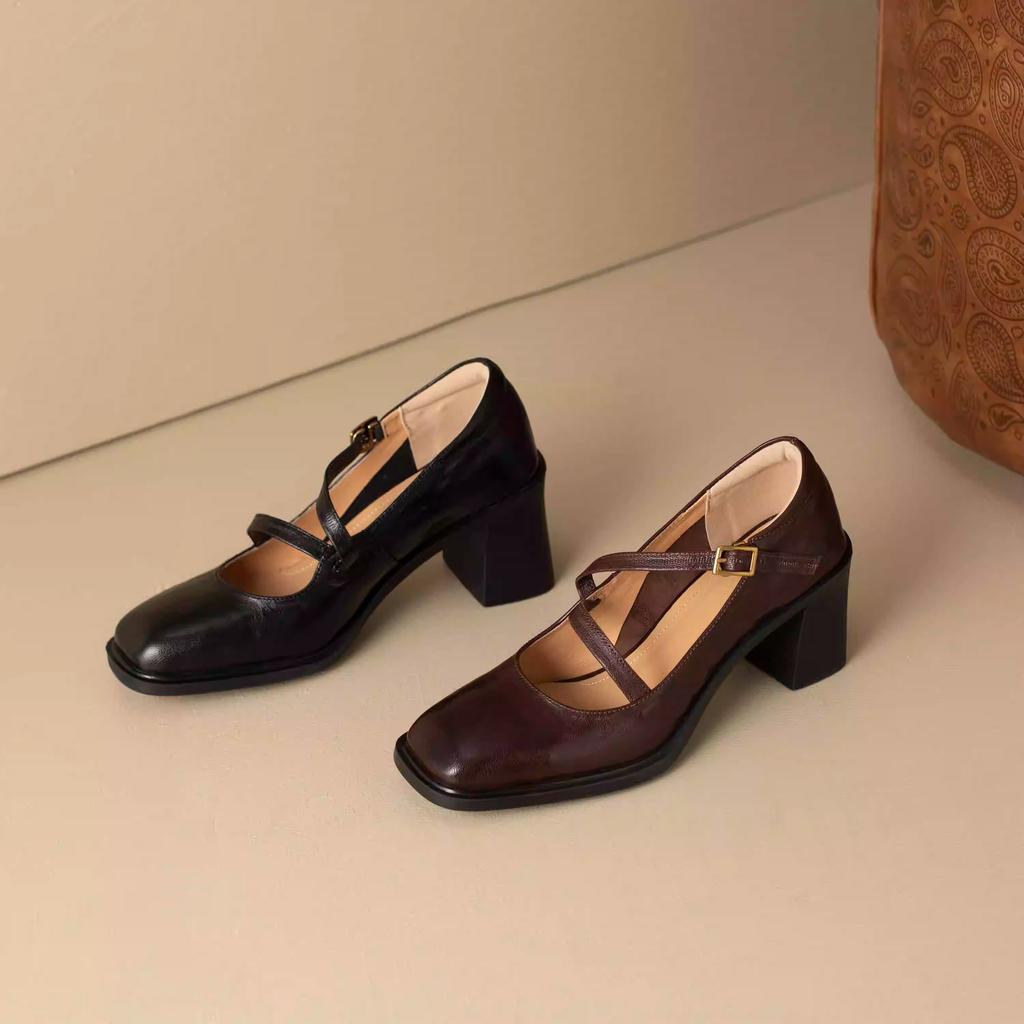 Spring Double-strap Silent Mary Jane Square Head Thick Heel Rubber Sole Leather Mary Jane Shallow Mouth Single Shoes