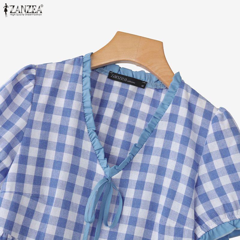 ZANZEA Women Summer Casual V-Neck Plaid Print Short Sleeve Blouse