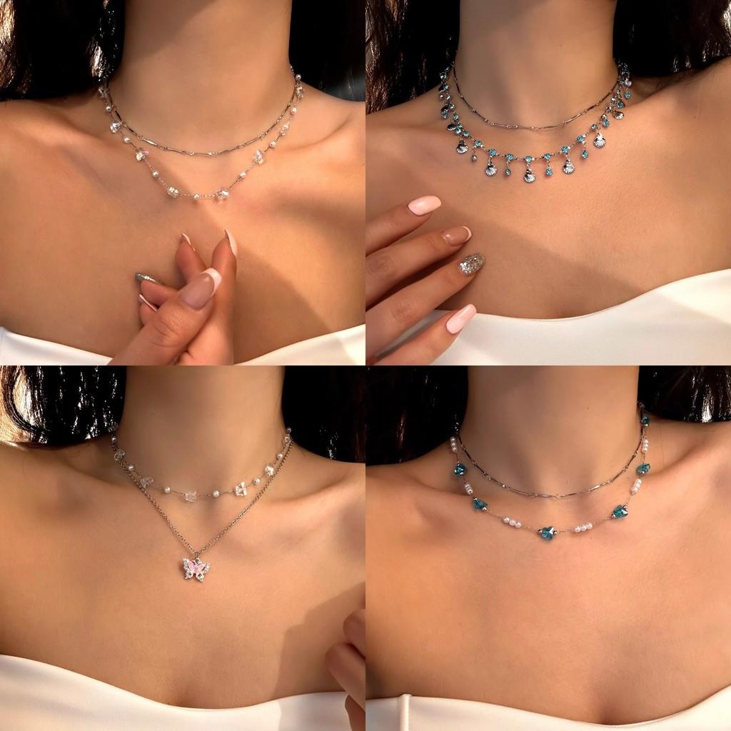 Ocean Blue Pearl Butterfly Necklace For Women Fashion Jewelry For Holiday Vacation