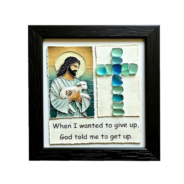 

Sea glass Jesuses Crucifix,Handmade Sea Glass Wall Art Wood Framed Religious Wall Decors Religious Christian Gift Unisex