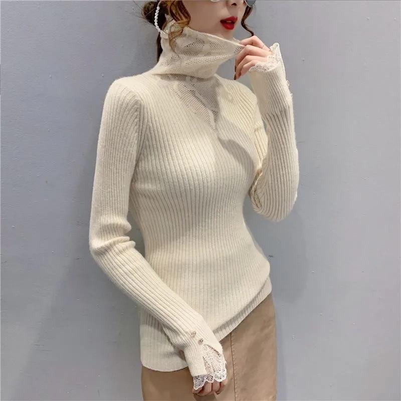 Splicing Pile Turtleneck Sweater Fashionable Slim Knitted Base Shirt Autumn Winter Mesh Hollow Lace