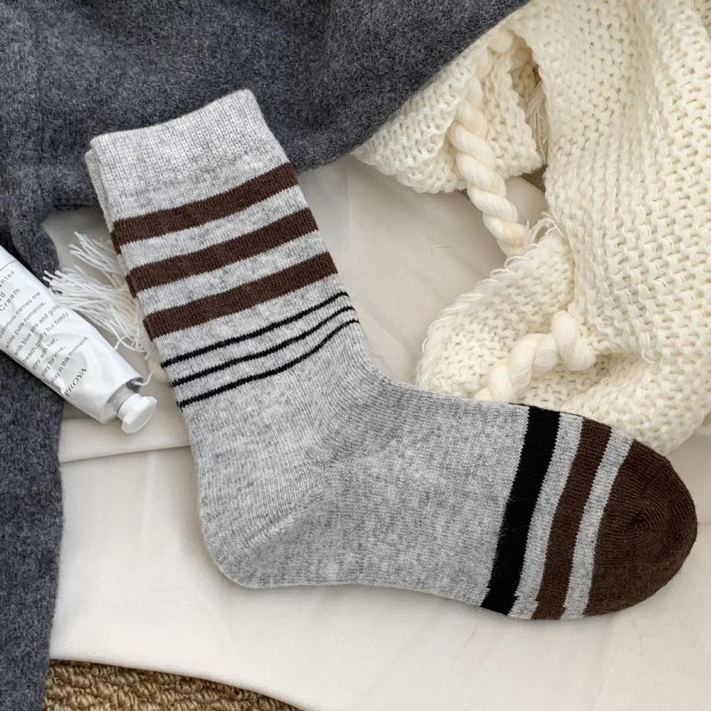 Winter Striped Wool Socks - Japanese Academy Style, Mid-Calf, Slouchy, Warm for Women