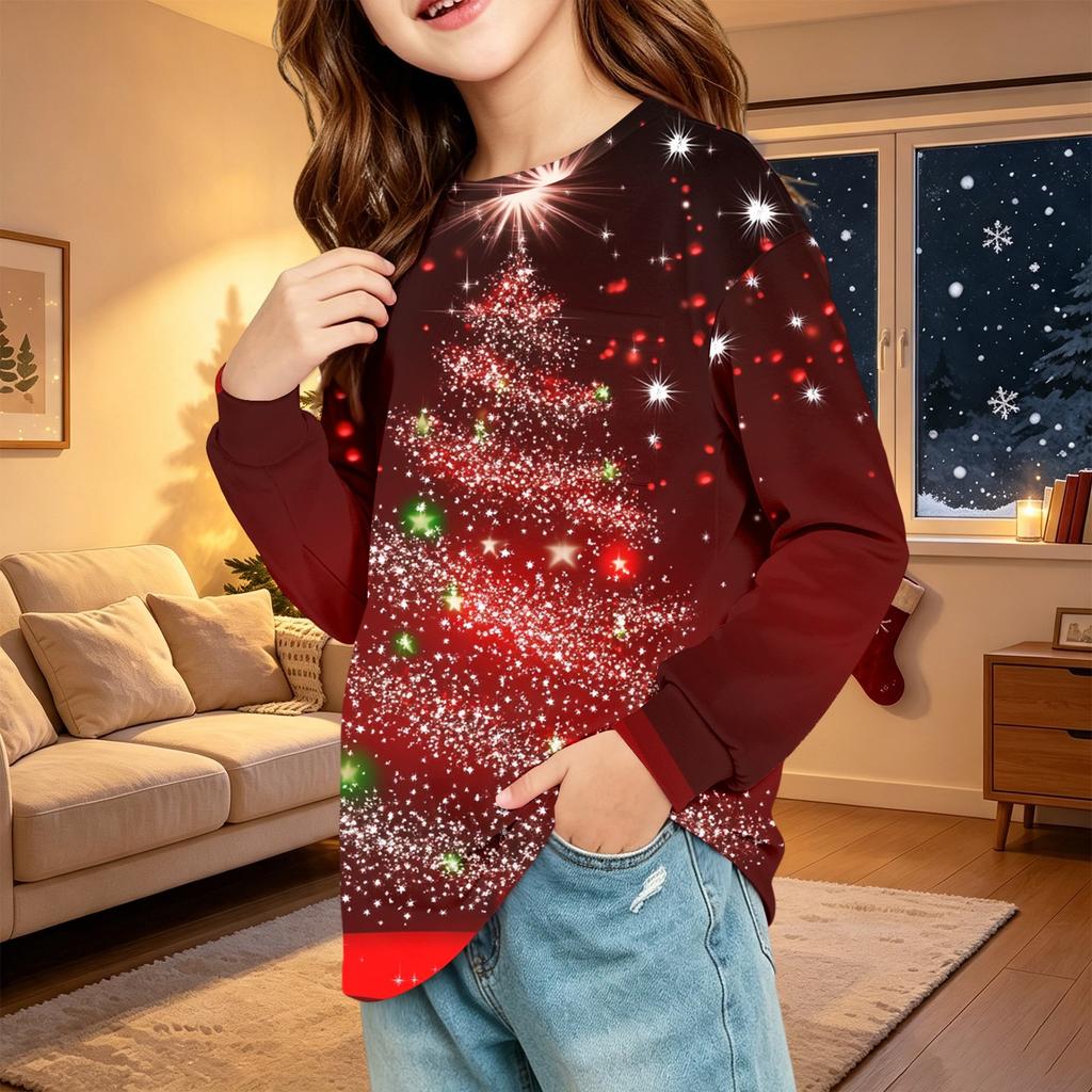 Children's Christmas Print Long Sleeve Neck Shirt with Pocket for Boys and Girls