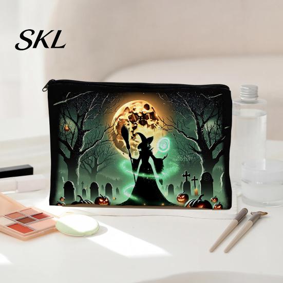 Printed Canvas Organizer Storage Bag, with Halloween Witch Castle Print, Large Wear-Resistant Makeup Pouch Capacity Cosmetic Organizer, for Travel And
