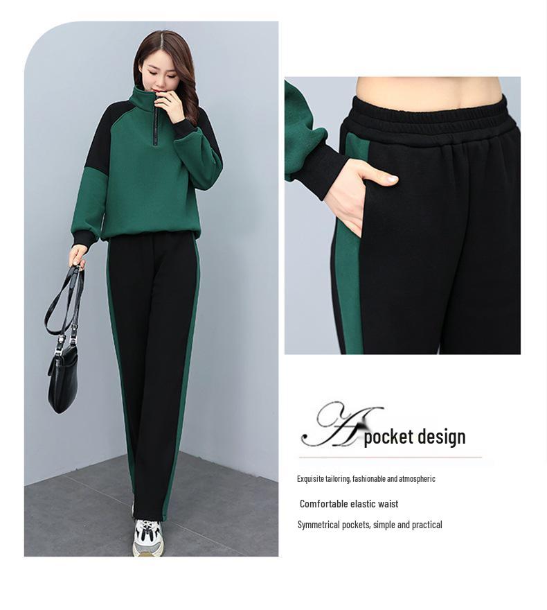 Women's Spring/Autumn Casual Sportswear Set - Loose, Age-Reducing, Spliced Sweatshirt Two-Piece Ensemble