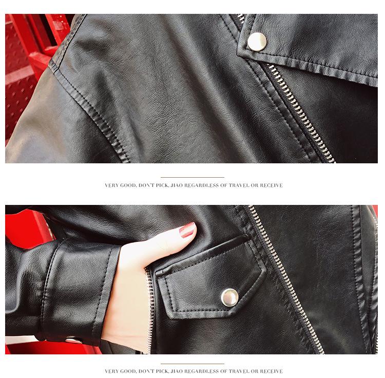 European & American Style Women's Motorcycle Leather Jacket with Oblique Zipper and Long Sleeves