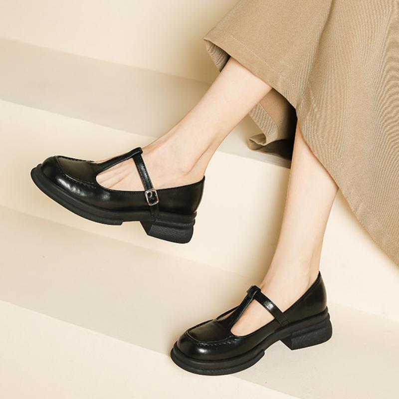 Zapatos Casuales de Cuero de Boca Baja y Tacón Medio con Suela Gruesa para Mujer