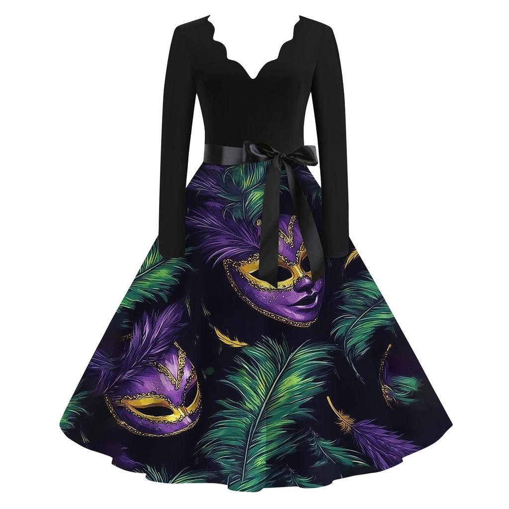 Women's Casual Fashion V-Neck Long Sleeve Carnival Print Vintage  Dress