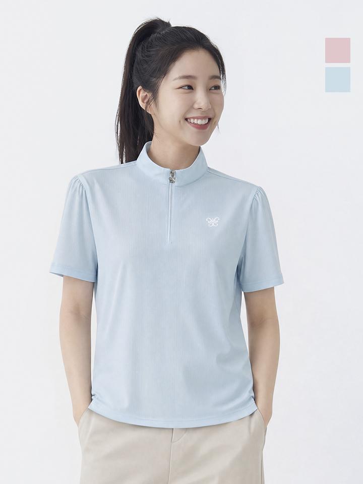 WESTWOOD Women'S Ice Texture Shirred Short Sleeve Zip-Up Tee_Wq2Wcts328