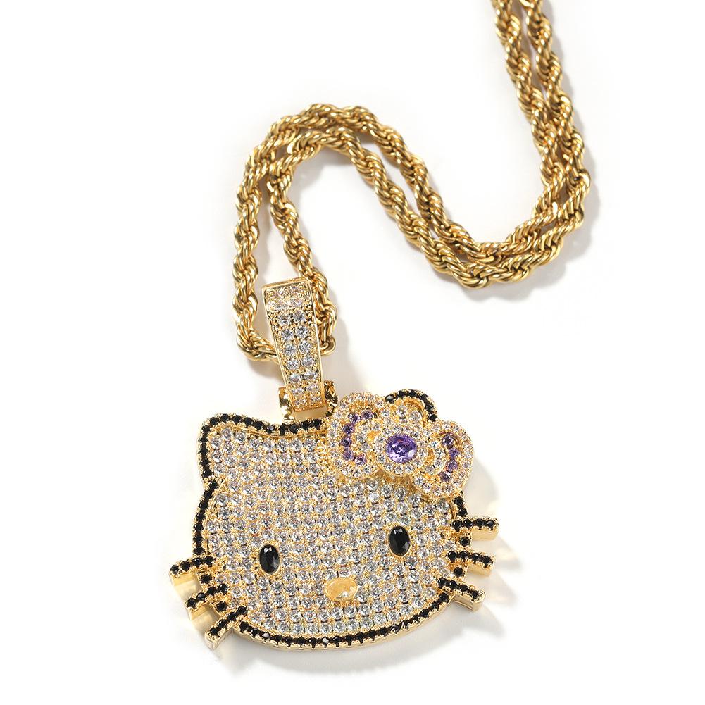 Fashion Sweet Hip Hop Jewelry Small Size Bling CZ Iced Out 5A Zircon Cute Cartoon Cat Pendant Necklace for Women Gift