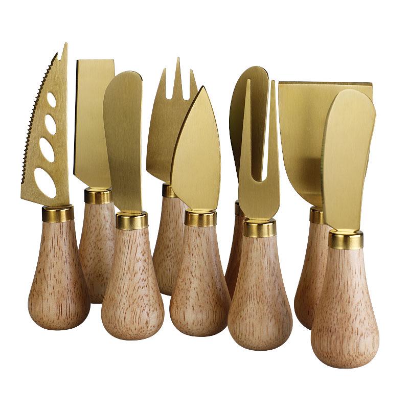 Gold Stainless Steel Cheese Knife Set with Rubber Wood Handle - Includes Cheese Knife, Tableware Knife, and Fork