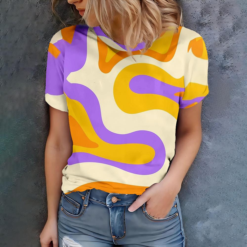 Summer Women s Casual Simple Short Sleeve Top Women s Personalized Fashion Simple Art 3D Printed T-shirt Top S