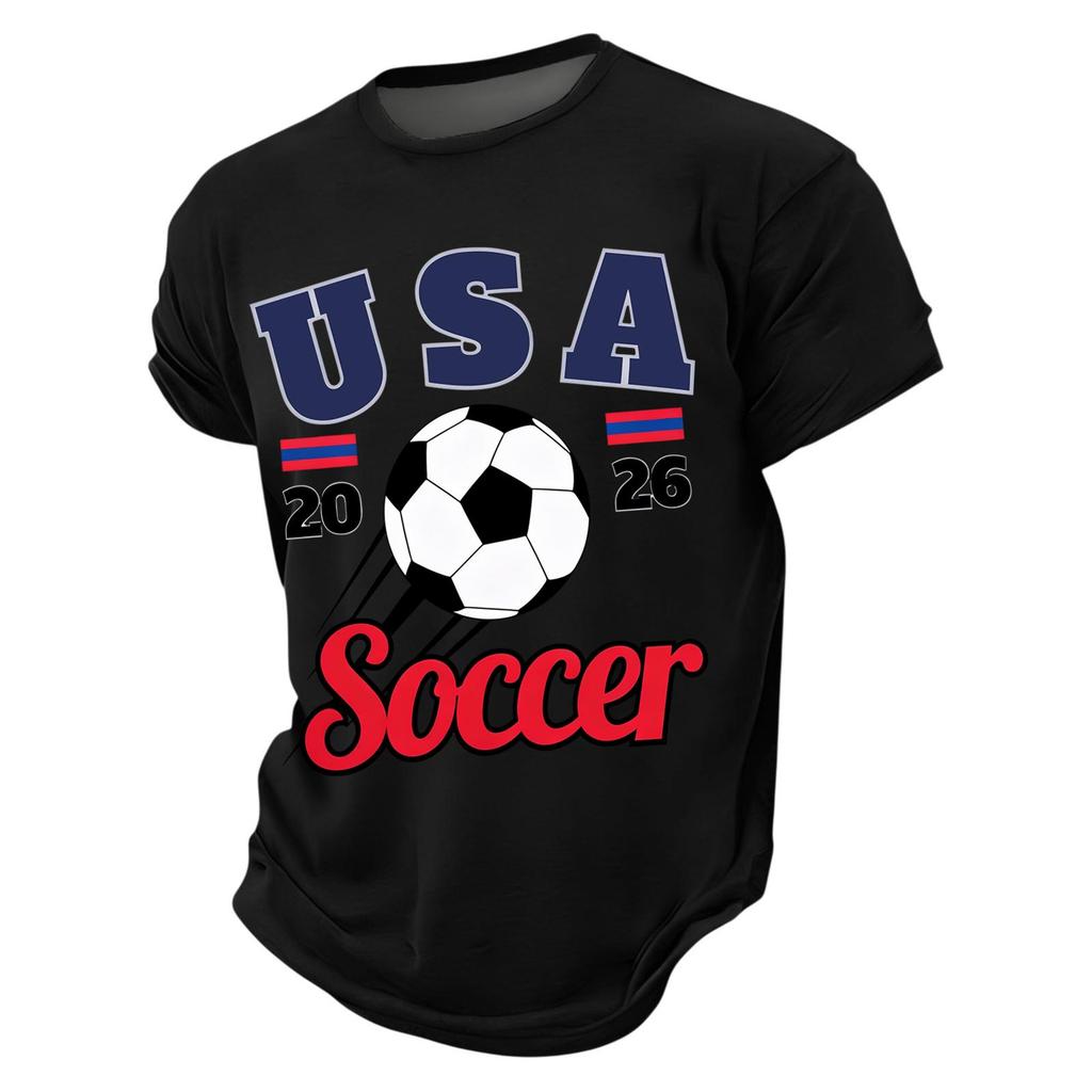 Men’s Casual Crew Neck Printed Short Sleeve Lightweight Breathable Top with USA 2026 Soccer Letter Graphic Design