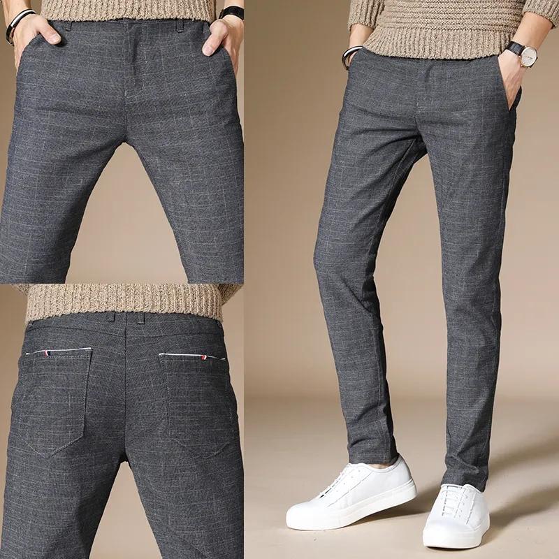 Pánské ležérní bavlněné plátěné kalhoty business kostkované kalhoty rovné tenké dlouhé kalhoty kancelářské kalhoty na jaro a podzim