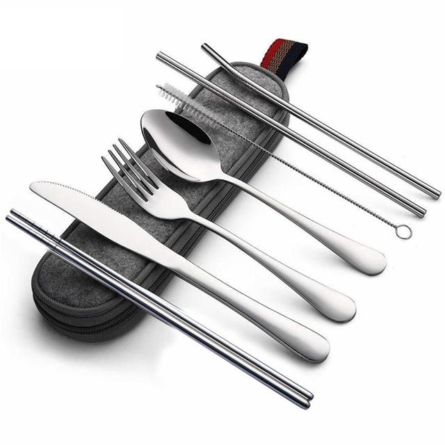 

8pcs/set Tableware Reusable Travel Cutlery Set Camp Utensils Set with stainless steel Spoon Fork Chopsticks Straw Portable Case серебряный