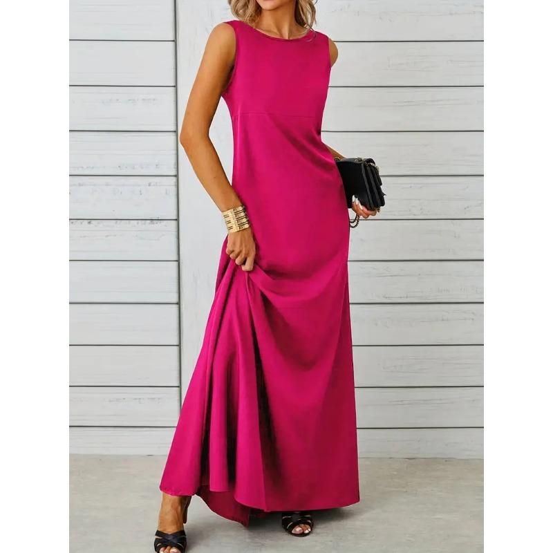 Spring and Summer Elegant and Pure-colored Round-neck Short-sleeved Resort-style Women's Dresses