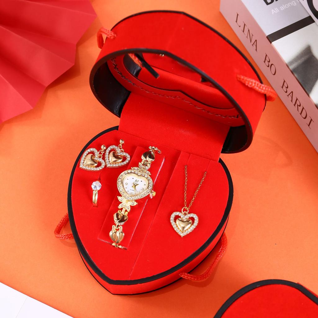 Women Watch Jewelry Gift Set Quartz Watch Rhinestone Necklace Earrings Ring Set Heart Shaped Gift Box Valentine's Day Gift Set