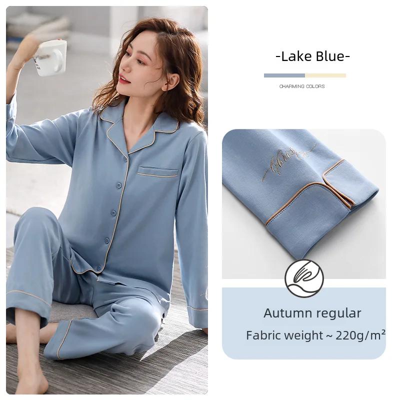 Ladies' 100% Cotton Long Sleeve Pajama Set Spring/autumn Thin Style Winter Warm Homewear Suit