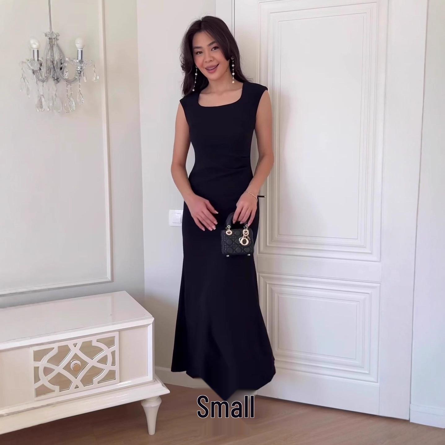 

2025 Square Neck Sleeveless Waist-Cinching Sexy Dress XL чорний