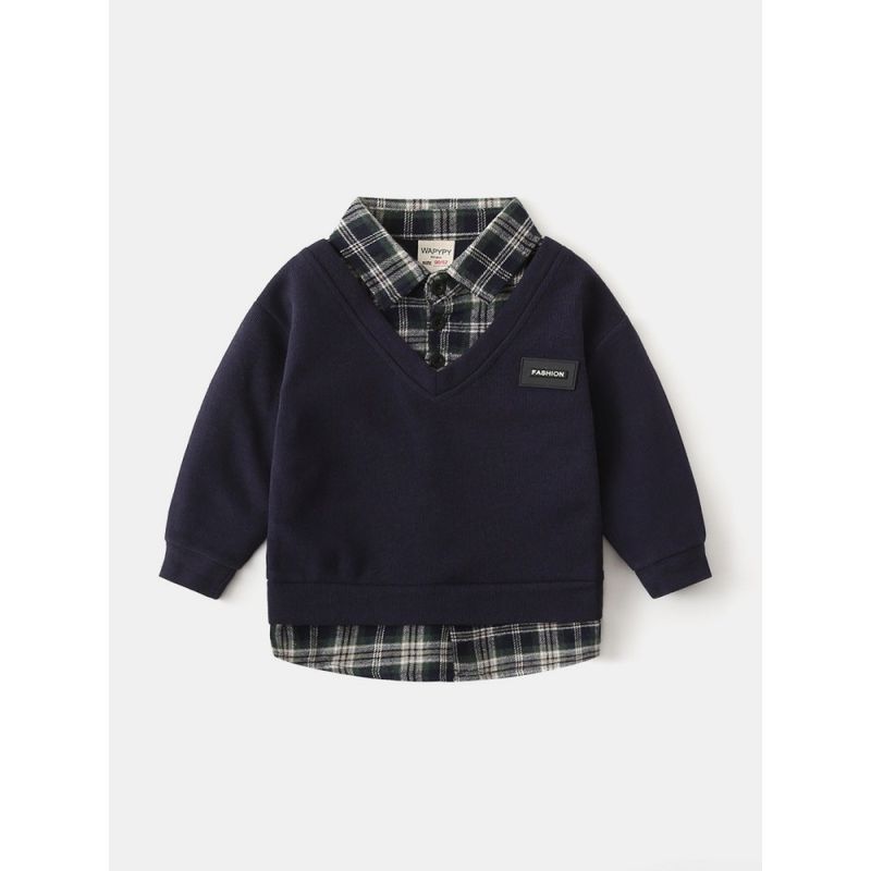Kids False Two-Piece Sweaters Spring and Autumn K-style Boys' Shirt Patchwork Clothes Baby Boys' Lapel Gingham Shirt