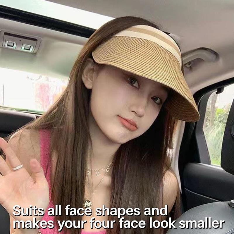 New Summer Raffia Straw Sun Protection Hat Open Top Straw Hat Striped Versatile Uv Protection Women'S Casual Baseball Cap