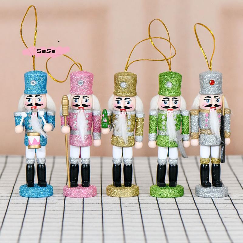 S-1/5Pcs Holiday Small Hanging Decoration 13CM Colorful Glitter Nutcracker Soldier Puppets Christmas Wooden Ornaments