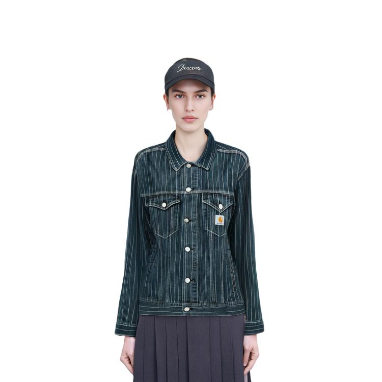 Carhartt WIP Striped Collar Single-Breasted Pocket Denim Jacket Unisex Jackets Dark-Blue CHXJKI033011M-BLA