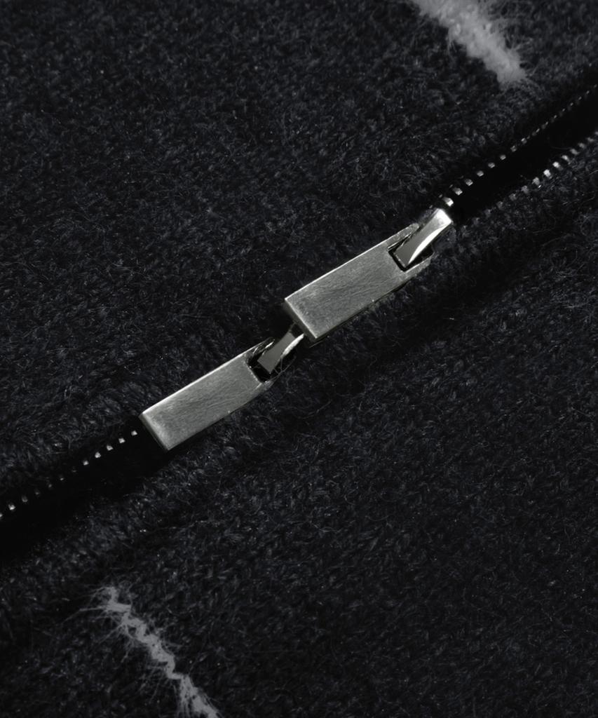TRILLION Washable Wool Hairy Stripe Hooded Zip-Up Knit_Black