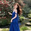 Blue holiday dress white French feeling seaside beach suspender long dress