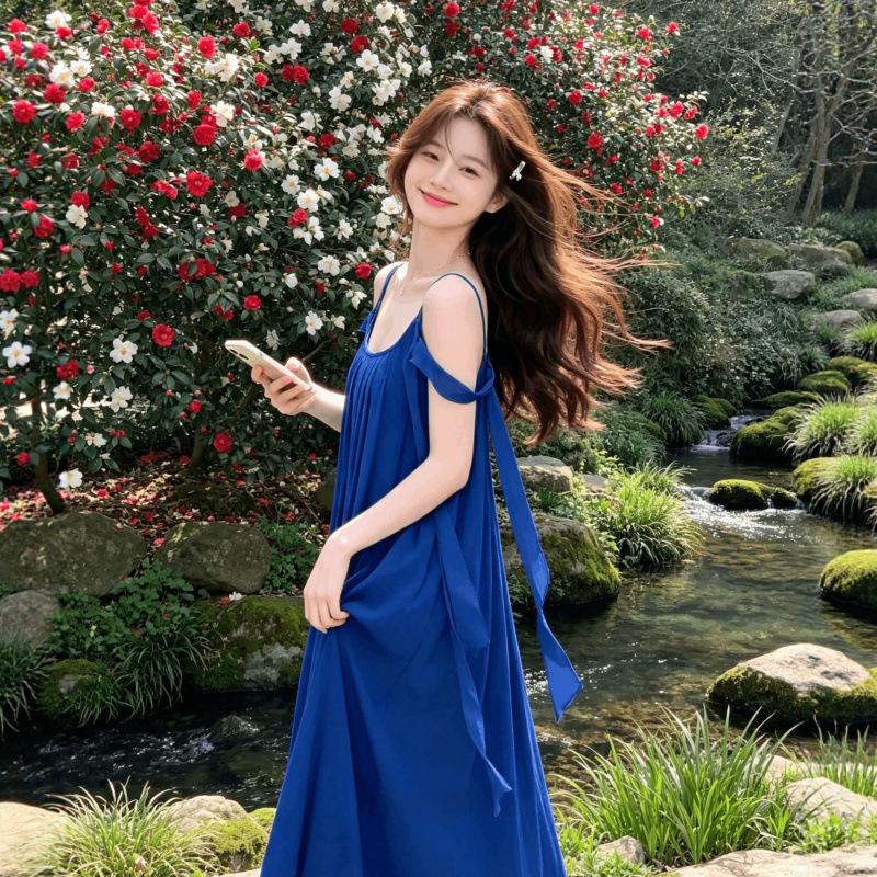 Blue holiday dress white French feeling seaside beach suspender long dress