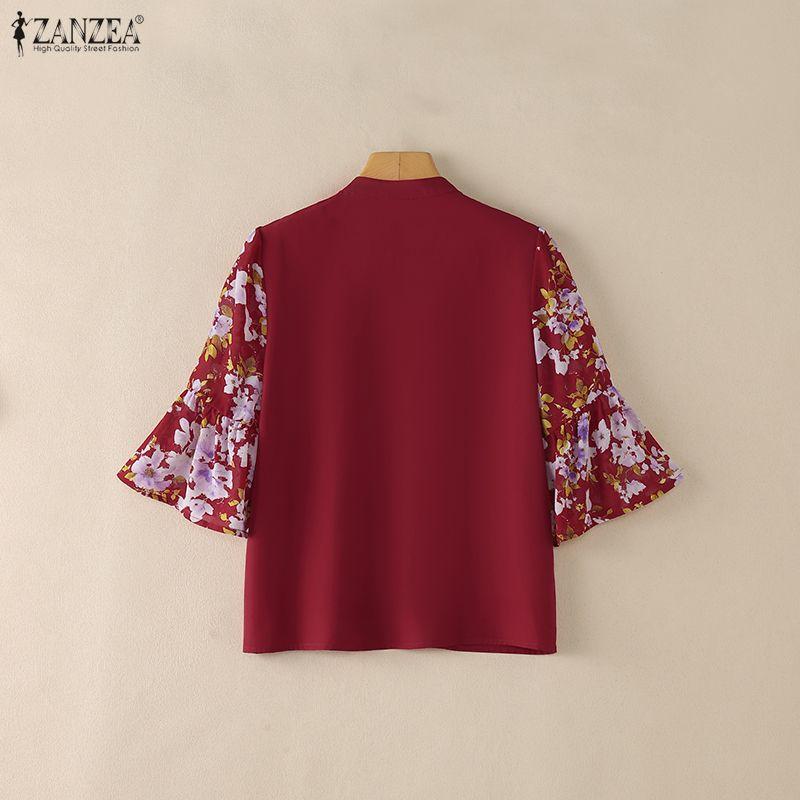 ZANZEA Damen Freizeit Stehkragen Print Patchwork 3/4 Ärmel Elegante Bluse