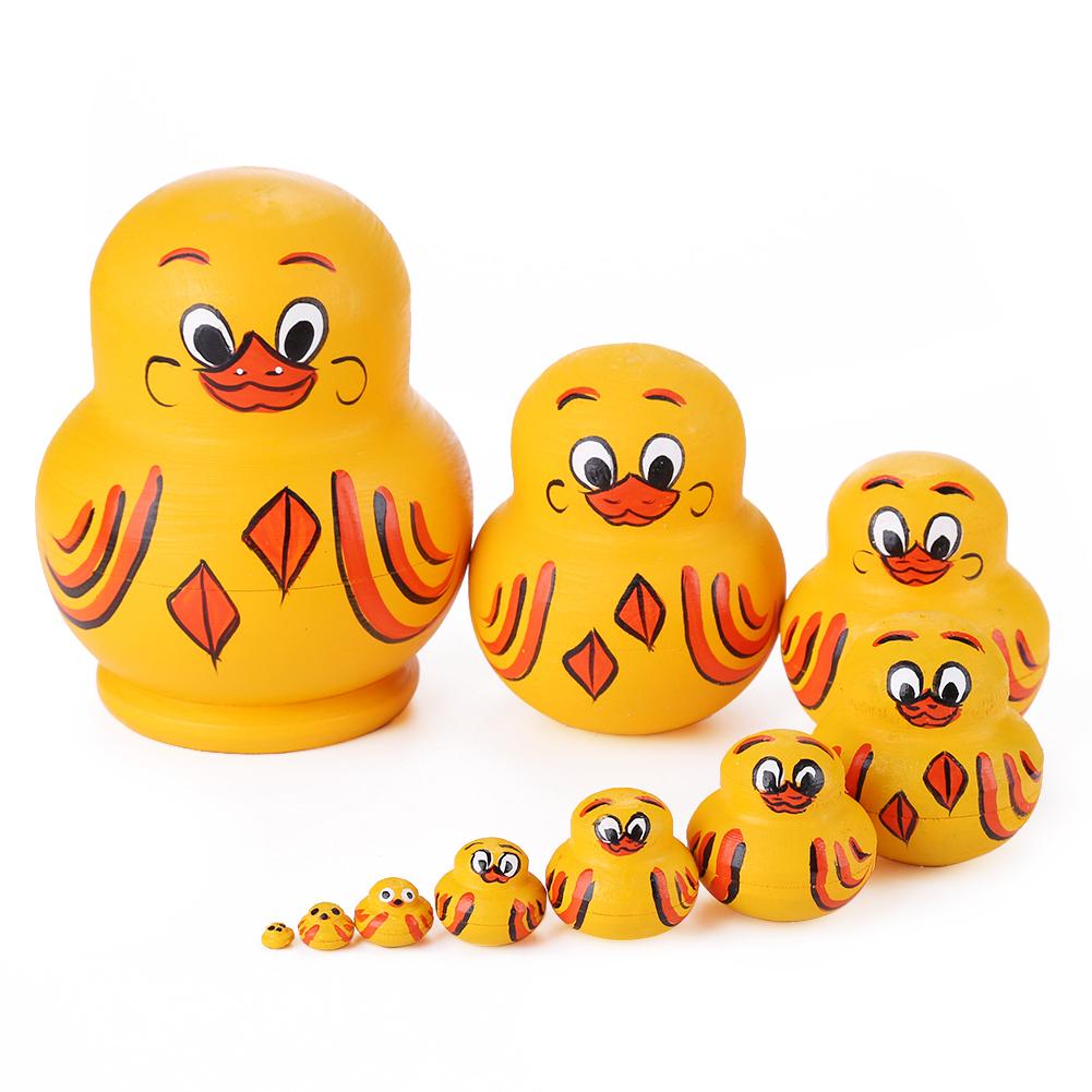 

10 Layers Wood Russian Babushka Yellow Duck Matryoshka Dolls Toys Handmade Craft