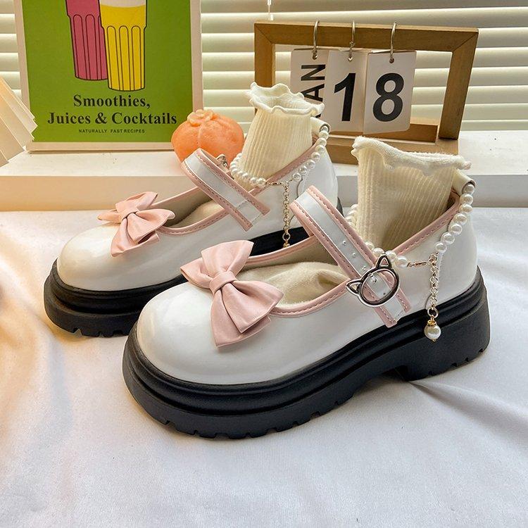 Women Kawaii Lolita Shoes Japanese Style Vintage Student Girls Pearl Bow Comfort Pumps Round Head Platform High Heels