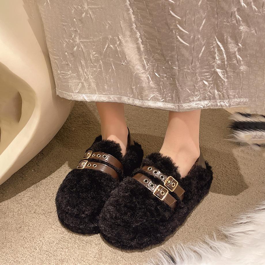 5 cm tjocksulade lammullsskor för kvinnor att bära på hösten och vintern nya lata sammetläderklack bekväma varma bomullsskor