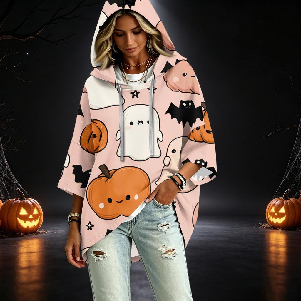 Women's Halloween Printed Hoodie 3/4 Sleeve Pullover Casual Tunic for Party