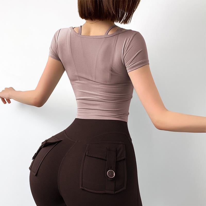 

Женская футболка для йоги с эффектом двух частей, халтер, с нагрудными вкладышами - Сетчатый стиль, одежда для фитнеса Large коричневый