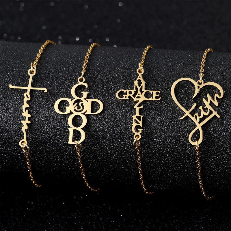 Gold English Letter Stainless Steel Bracelet Light Luxury High-End Cross Style Fashion Jewelry