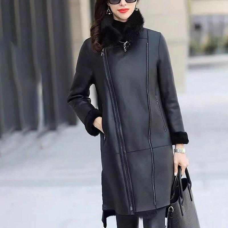 Autumn Winter Women's Leather Coat Thick Warm Mid-length Fleece-lined PU Leather Coat