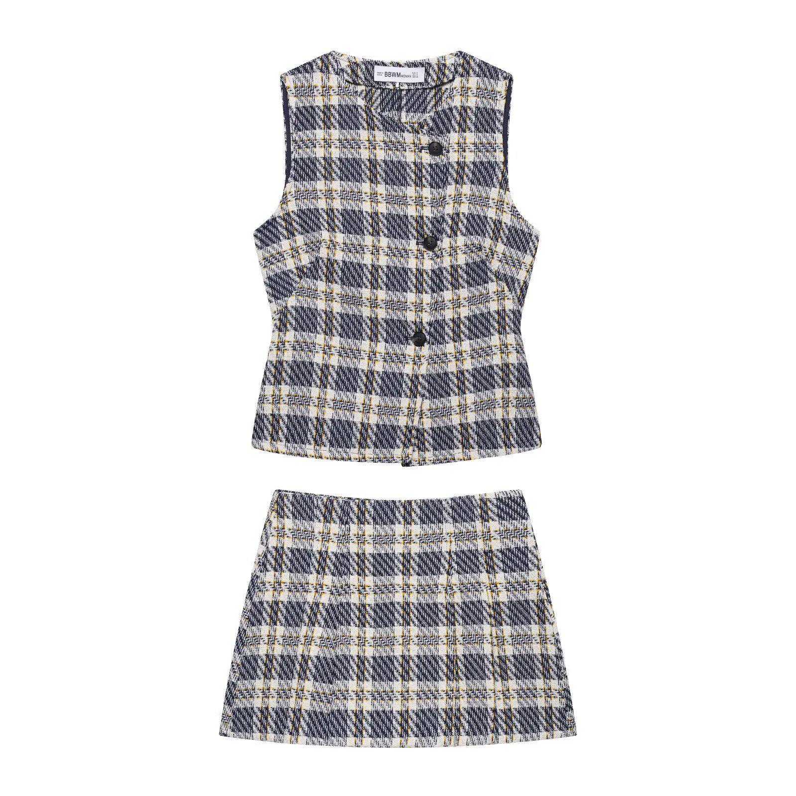

Women s Plaid Slim-Fit Top and Skirt Set - 2025 Spring/Summer Collection Medium