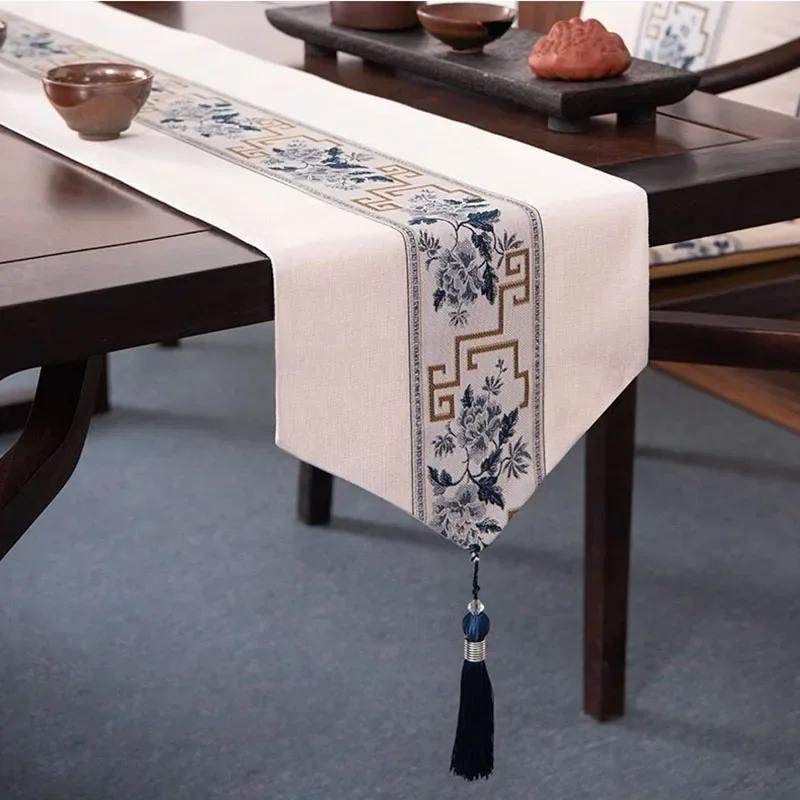 Chinese Style Table Runner Luxury Cotton Linen Jacquard Table Runners Decorative Bed Runner Classic Table Flag Living Room Hotel