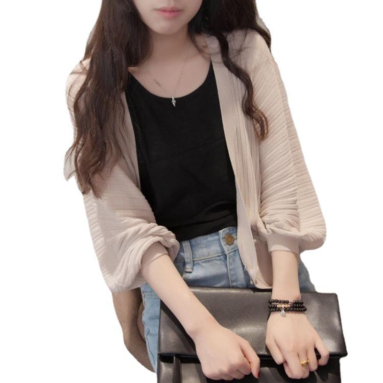 Spring Summer Lantern Sleeve Women Shawl Coat Ice Silk Cover Up Loose Korean Sun Protection Air Conditioning Knit Cardigan Thin