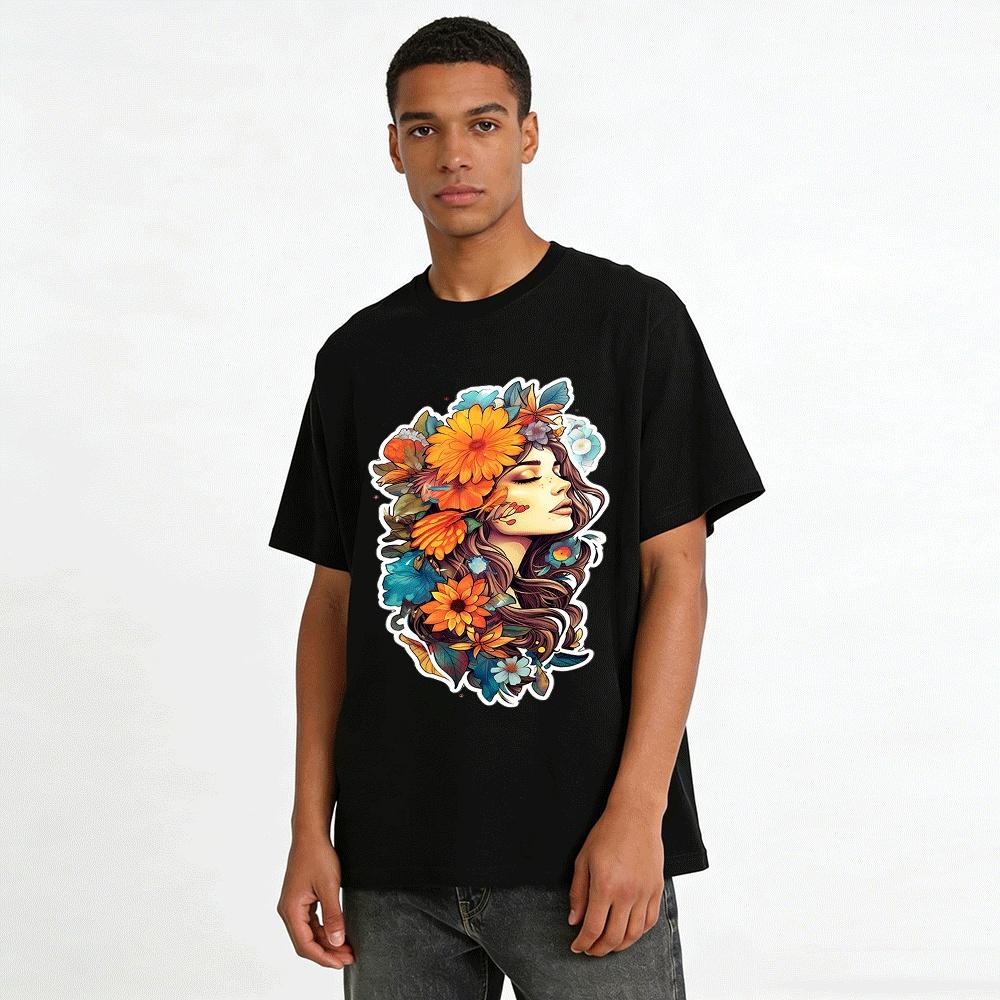 Bohemian Floral Girl Print Casual Breathable Crewneck Tee Pure cotton T-shirt
