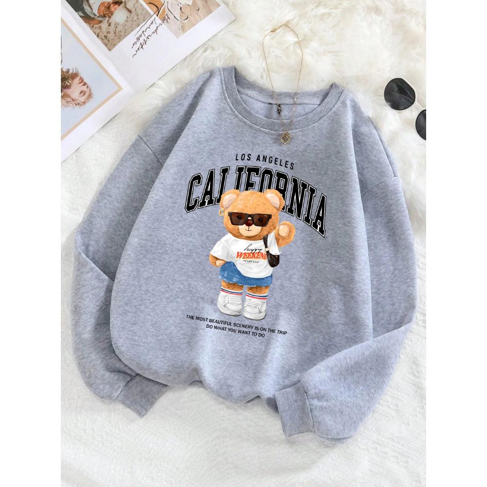 Autumn Winter Womens Pullover California Letter Trend Bear Printing Hoodie Loose Crewneck Warm Fleece Sweatshirt Street Clothing S